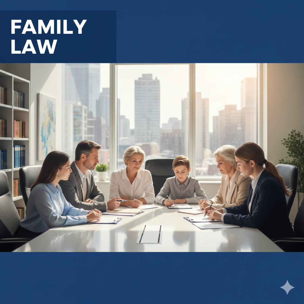 Compassionate attorney discussing family law documents with a client.